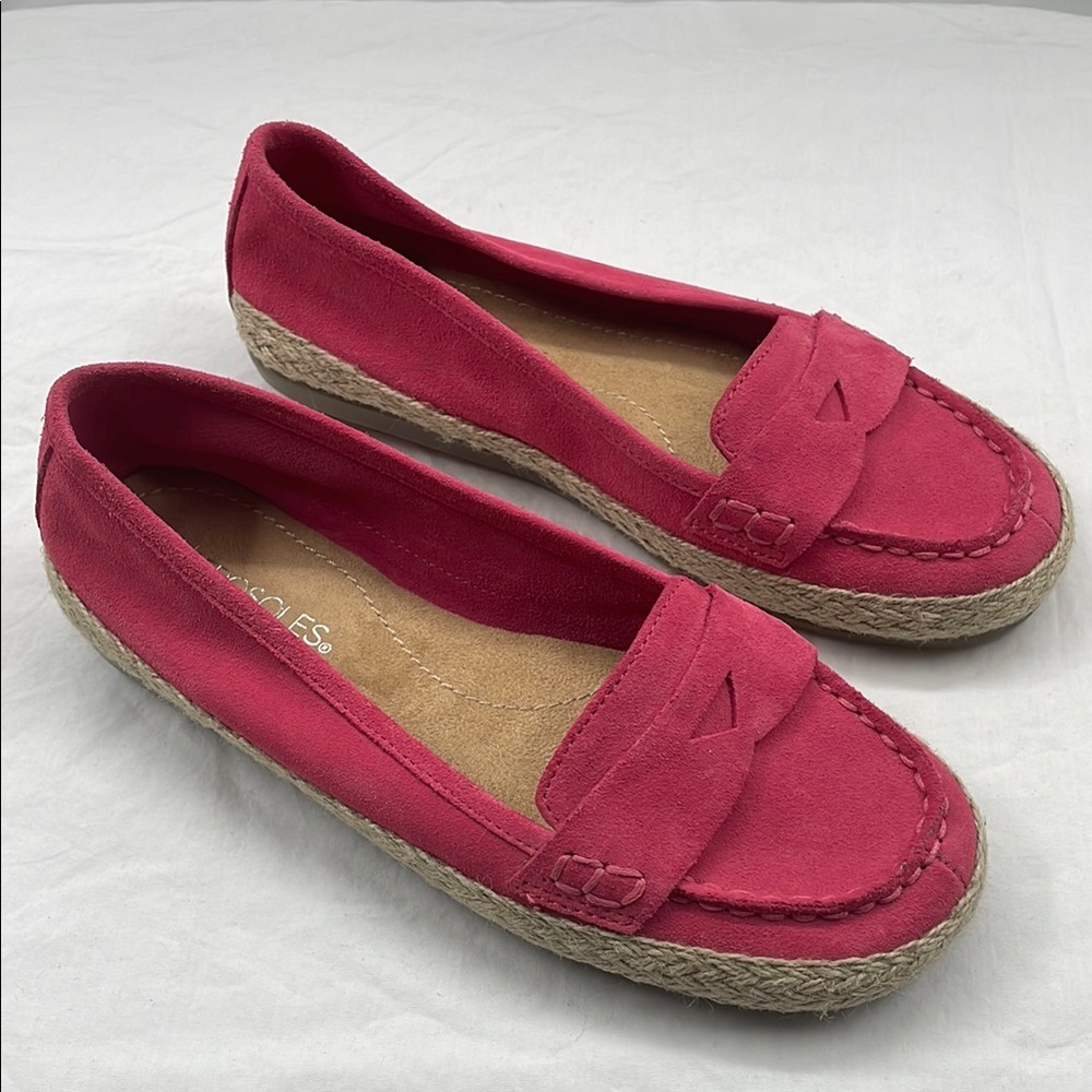 NEW! AEROSOLES Pink Leather Suede Penny Loafers Braided Twine Bottom. 8M.